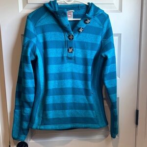 Avalanche Teal Striped Women's Quarter Button Hoodie with Thumb Holes Zip Pocket